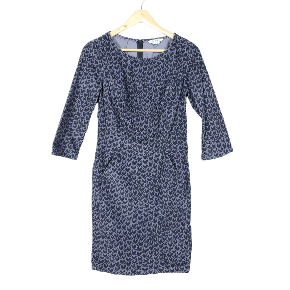 Boden Womens Heart Print Corduroy Midi Dress 6R Purple Black Pockets Long Sleeve